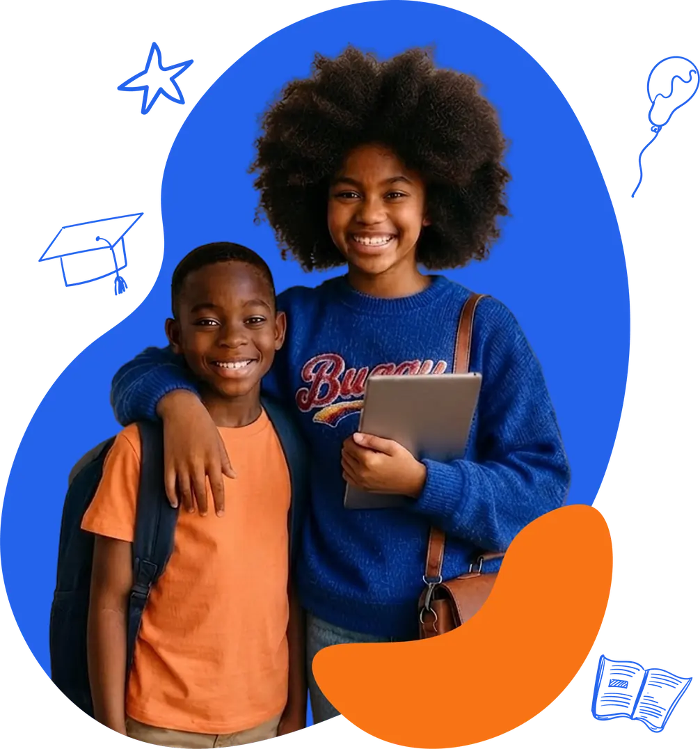Two Ugandan learners standing together, one holding a tablet