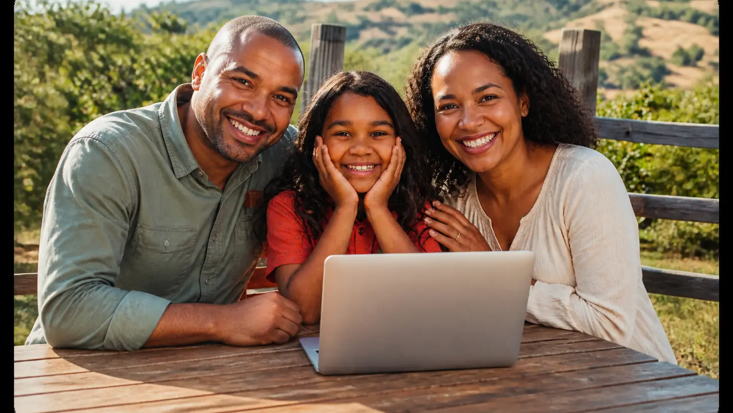 Parents and their daughter smiling together over a laptop outdoors
