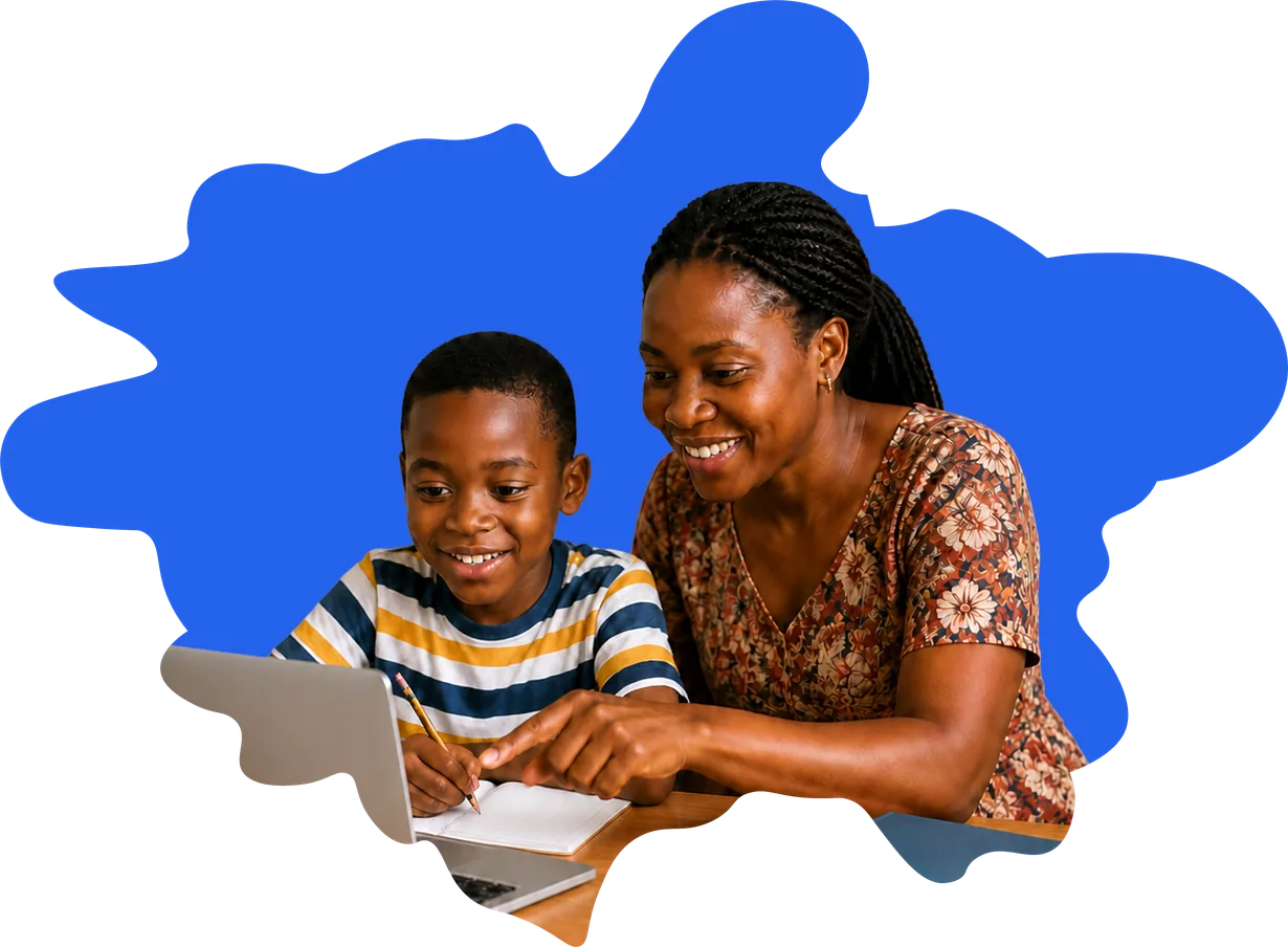 A mother helping her son with schoolwork on a laptop