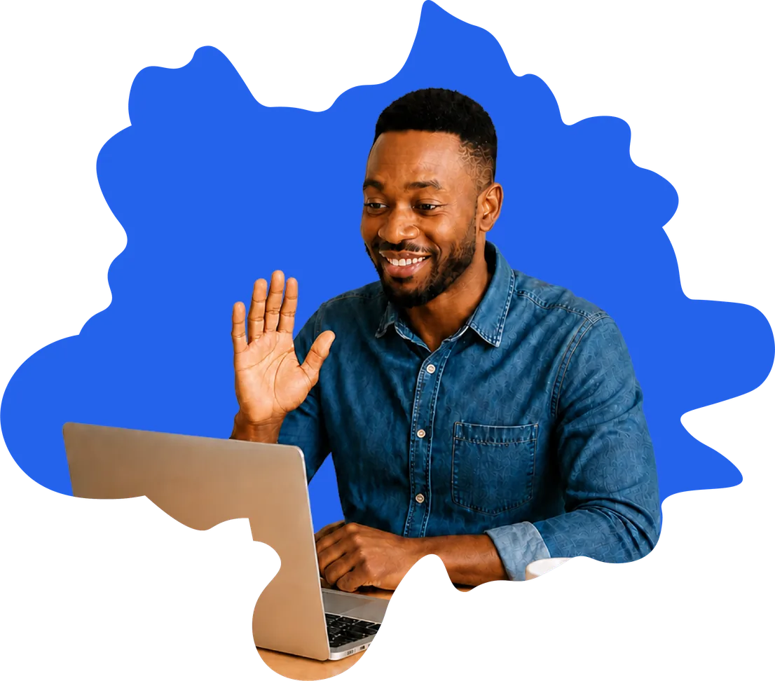 A teacher waving to their class during a live online lesson