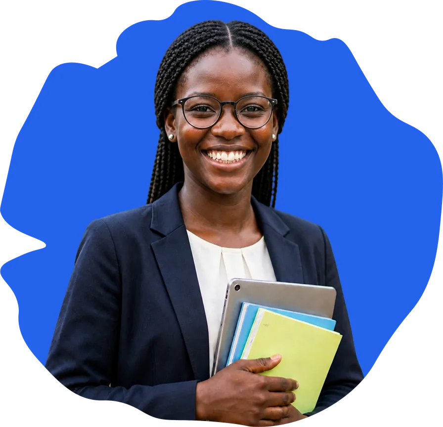 A teacher holding her books and tablet