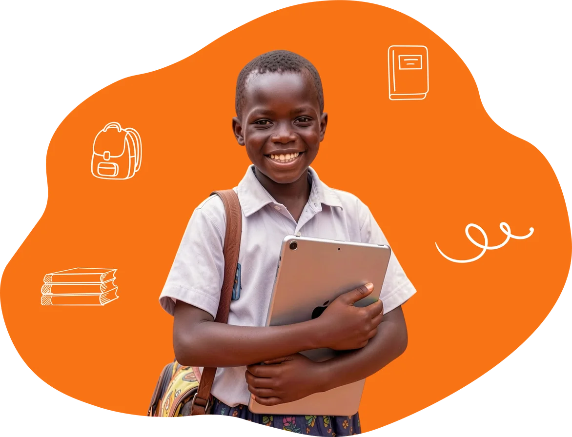 A Ugandan primary learner holding a tablet