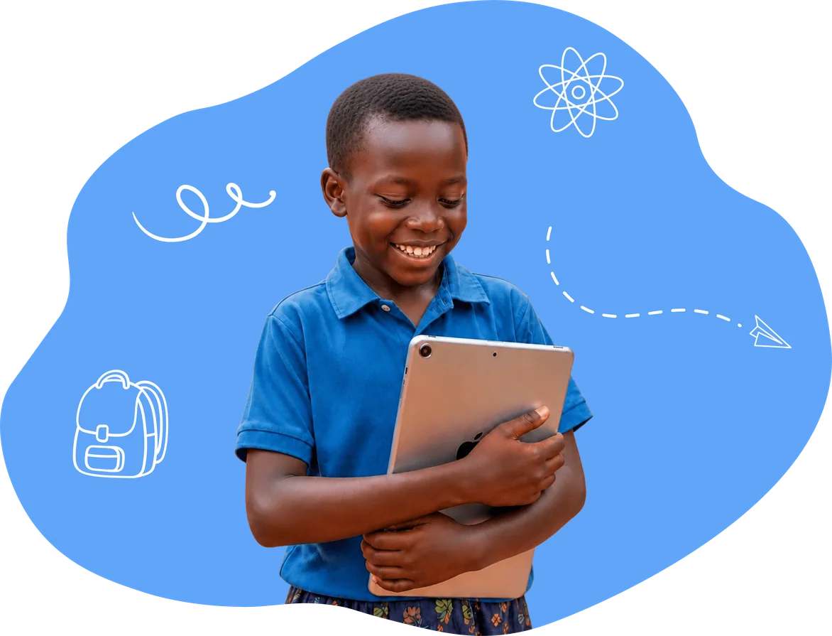 A learner smiling while holding a tablet
