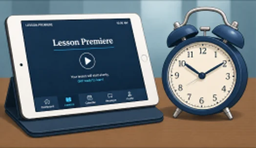 A tablet showing a scheduled lesson premiere next to an alarm clock