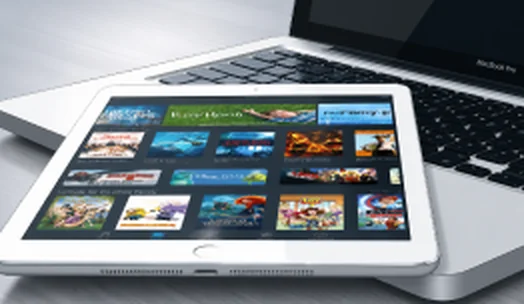 A tablet showing a grid of video lessons