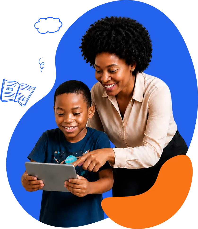 A parent helping a learner use a tablet