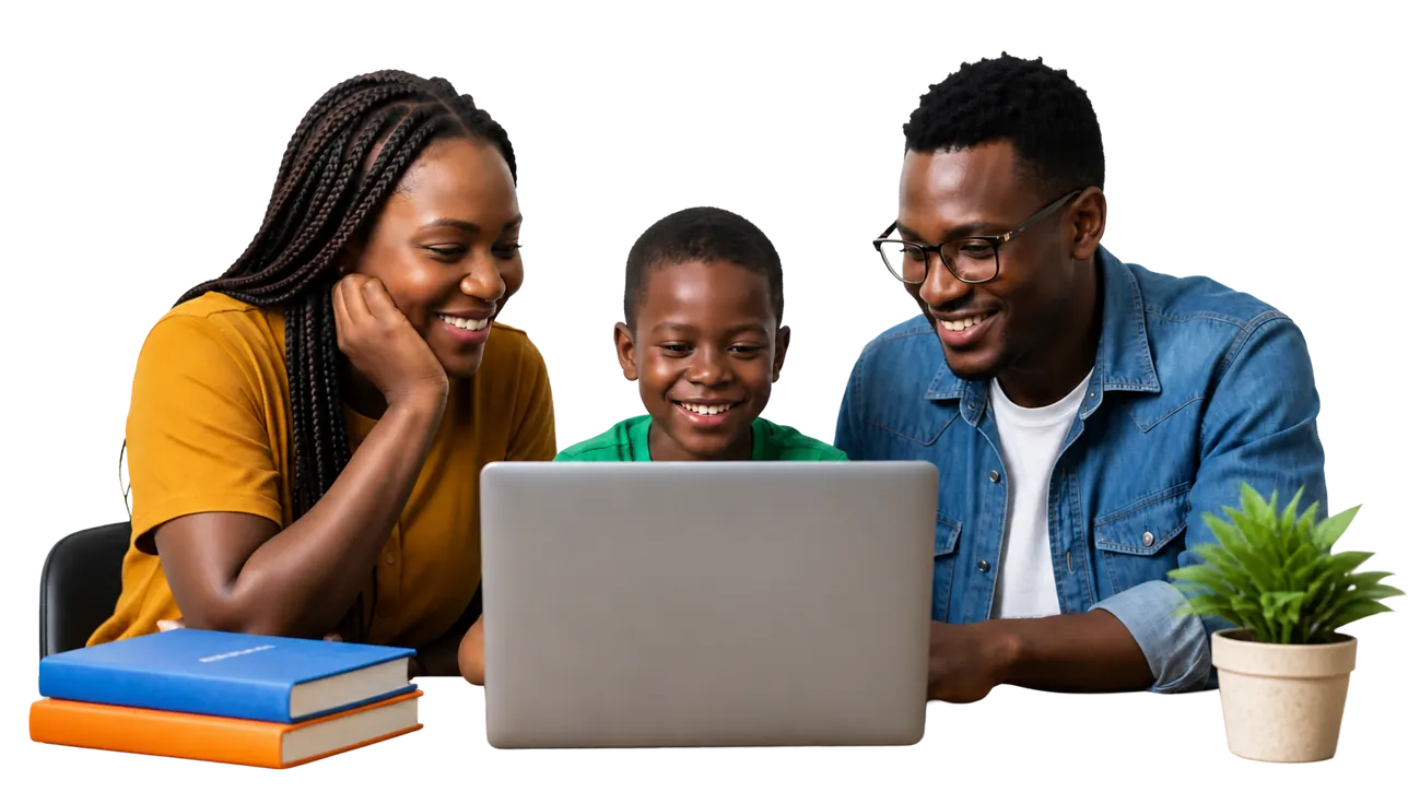 A Ugandan family of three looking at a laptop together