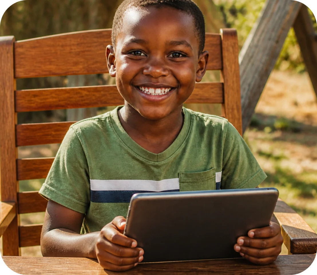 A learner smiling while using a tablet outdoors