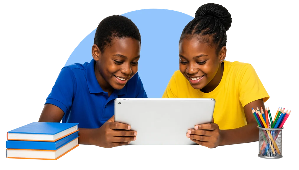 Two Ugandan learners sharing a tablet over a stack of books