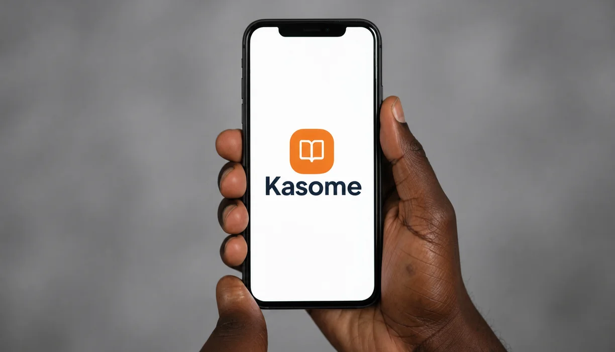 A hand holding a phone showing the Kasome logo