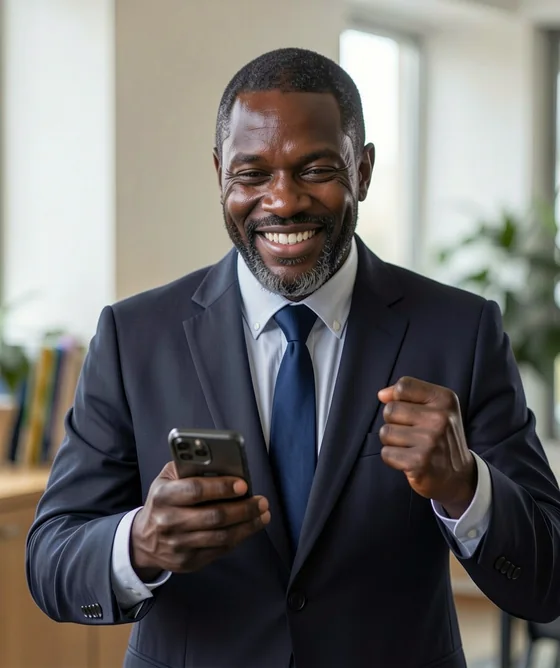 A man celebrating after paying on his phone
