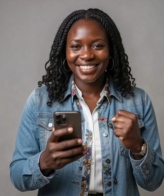 A woman celebrating after paying on her phone
